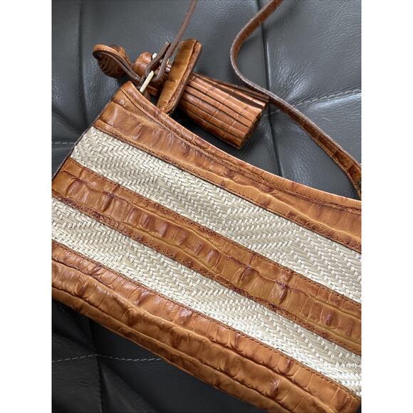 Brahmin Tote Bag Womens Brown Croc Embossed Leather Woven Straw Shoulder Tassel - Picture 7 of 10